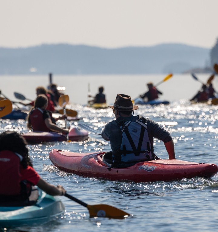 Sport-Kajakgruppe auf dem Wasser - Nahaufnahme