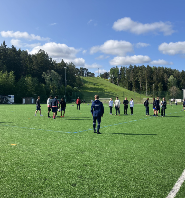 Viele Schüler auf dem Fußballfeld bei einer Art Schulfest